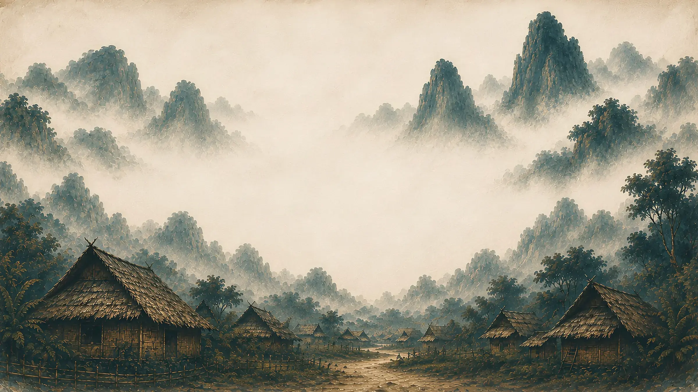 A Hmong mountain village of thatched houses in a misty valley, ridges fading into fog behind it